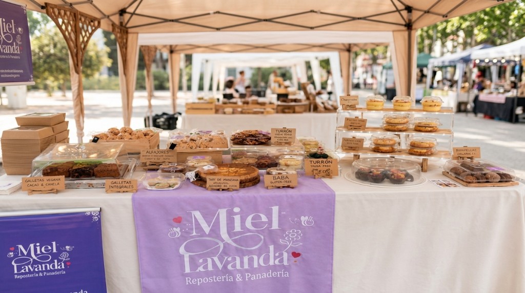 Puesto de Miel Lavanda en feria, con postres artesanales y el logo de la pastelería