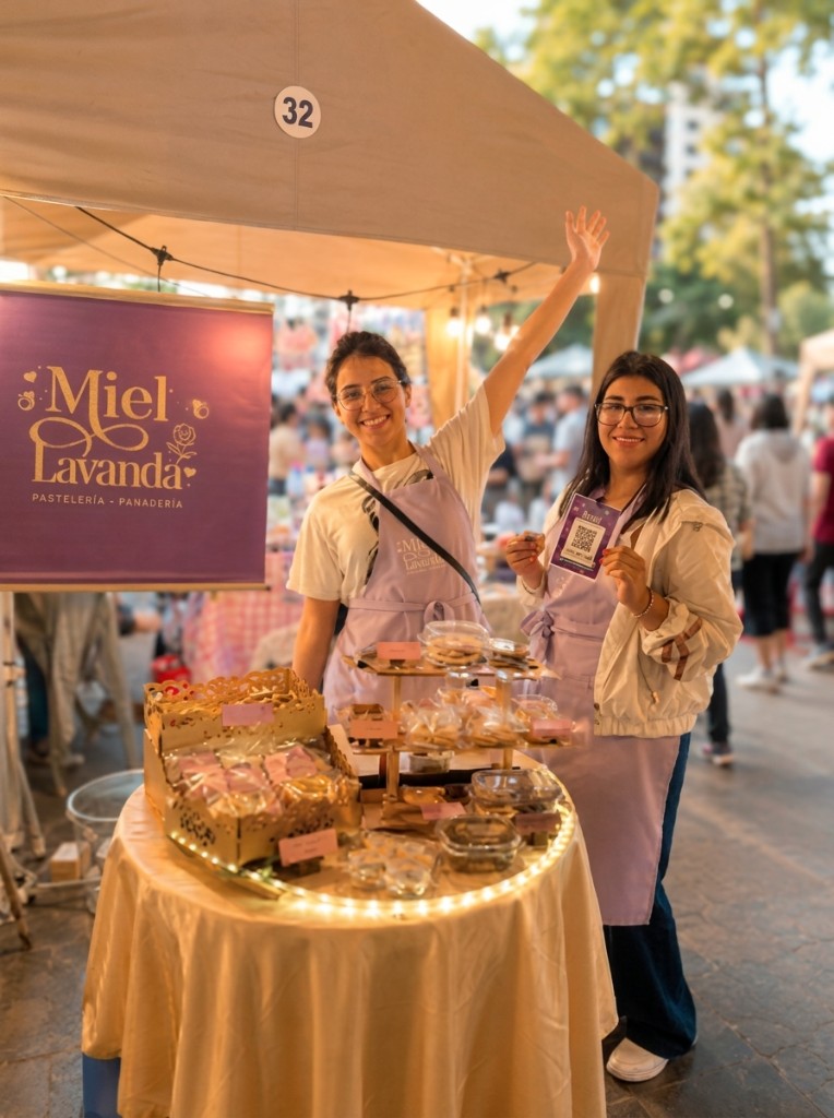 Fundadoras de Miel Lavanda en su puesto de feria, con postres artesanales y el logo de la pastelería